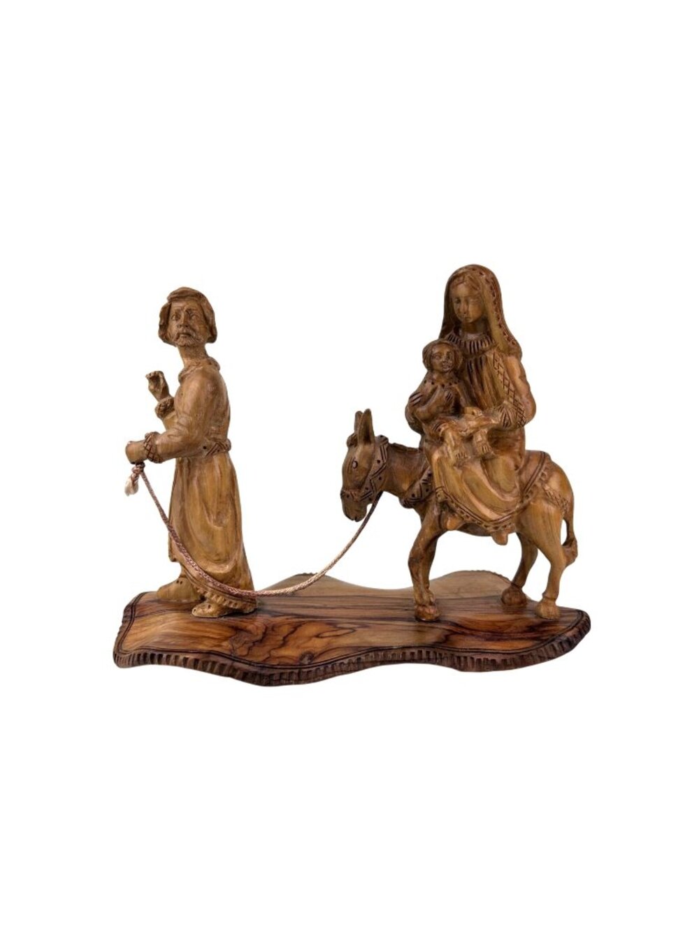 Carved Olive Wood Religious Flight Into Egypt Joseph Mary Jesus Donkey Statue